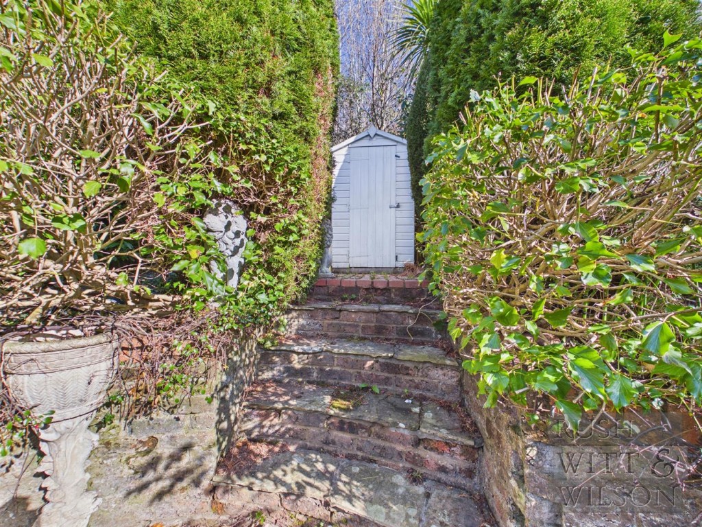 Lot: 123 - SEMI-DETACHED COTTAGE FOR REFURBISHMENT WITH FAR REACHING VIEWS - Steps towards shed